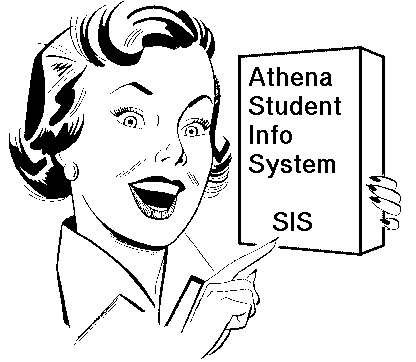 picture:  An over-perky woman holding a sign saying Athena Student Info System