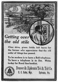 Denver & Ephrata Telephone Co. ad from 1912 with text: "getting over the old stile."