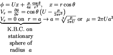\begin{displaymath}\begin{array}{l}
\phi = Ux + \frac{\mu }{4\pi }\frac{\cos \t...
...{\mu }{2\pi U}} \mbox{\ or \ } \mu = 2\pi Ua^3
\\
\end{array}\end{displaymath}