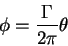 \begin{displaymath}\phi = \frac{\Gamma }{2\pi }\theta \notag
\end{displaymath}