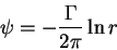 \begin{displaymath}\psi = -\frac{\Gamma}{2\pi}\ln r \notag
\end{displaymath}
