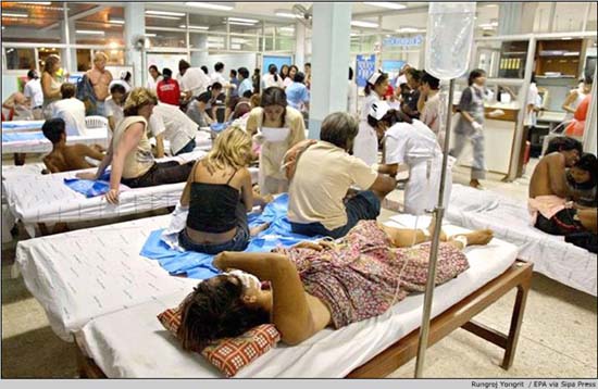 A temporary medical facility where patients from tsunami disaster are being treated
