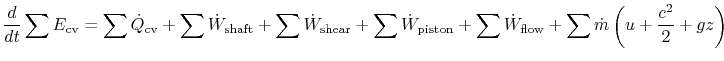 $\displaystyle \frac{d}{dt}\sum{E_{\textrm{cv}}}=\sum\dot{Q}_{\textrm{cv}}+\sum\...
...iston}}+
\sum\dot{W}_{\textrm{flow}}+\sum\dot{m}\left(u+\frac{c^2}{2}+gz\right)$