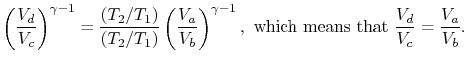 $\displaystyle \left(\frac{V_d}{V_c}\right)^{\gamma-1} =
\frac{(T_2/T_1)}{(T_2/T...
...right)^{\gamma-1},\textrm{ which
means that } \frac{V_d}{V_c}=\frac{V_a}{V_b}.
$
