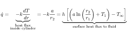 $\displaystyle \dot{q} = \underbrace{-k\frac{dT}{dr}}_{\substack{\textrm{heat fl......2}{r_1}\right)+T_1\right)-T_\infty\right]} _\textrm{Oberflächenwärmestrom zum Fluid}$