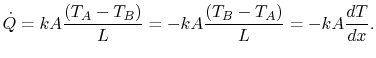 $\displaystyle \dot{Q} = kA\frac{(T_A - T_B)}{L} = -kA\frac{(T_B - T_A)}{L} = -kA\frac{dT}{dx}.$