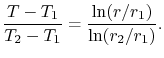$\displaystyle \frac{T-T_1}{T_2-T_1} = \frac{\ln(r/r_1)}{\ln(r_2/r_1)}.$