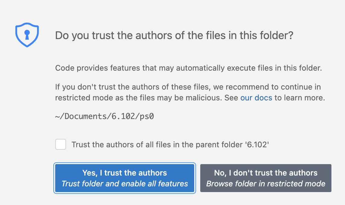 VS Code asks if you trust this folder: say Yes