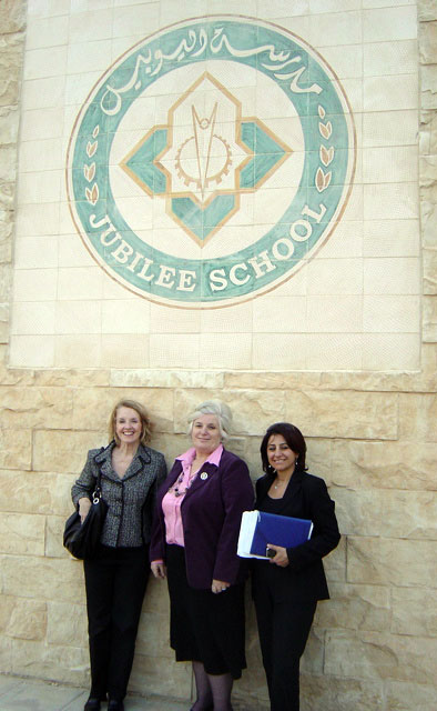 Elizabeth Murray, Director Abla Zuraykat, and Rana Qubain during a visit to the Jubilee School in Amman, Jordan.