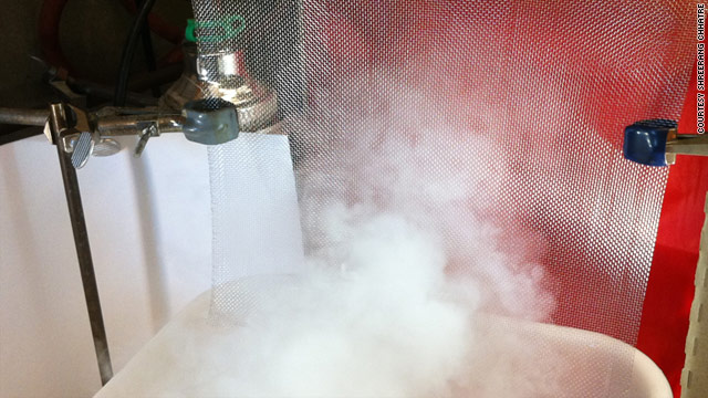 A lab scale setup of a woven mesh capturing water from fog.