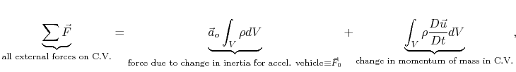 $\displaystyle \underbrace{\sum\vec{F}}_{\textrm{all external forces on C.V.}} =...
...nt_V \rho \frac{D\vec{u}}{Dt}dV}_{\textrm{change in momentum of mass in C.V.}},$