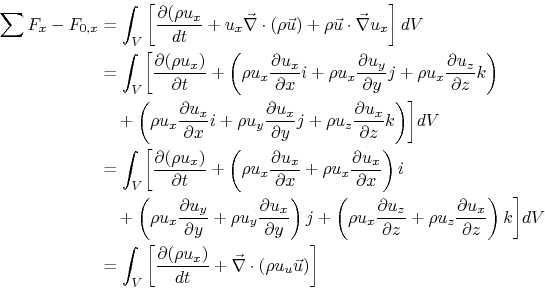 \begin{displaymath}\begin{split}\sum F_x-F_{0,x} &= \int_V\left[\frac{\partial(\...
...x)}{d t}+\vec{\nabla}\cdot(\rho u_u \vec{u})\right] \end{split}\end{displaymath}