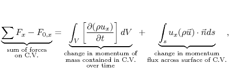 $\displaystyle \underbrace{\sum F_x - F_{0,x}}_{\substack{\textrm{sum of forces}...
...\substack{\textrm{change in momentum} \textrm{flux across surface of C.V.}}},$