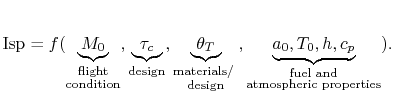 $\displaystyle \textrm{Isp} = f(\underbrace{M_0}_{\substack{\textrm{flight} \t...
...0,T_0,h,c_p}_{\substack{\textrm{fuel and} \textrm{atmospheric properties}}}).$