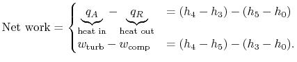$\displaystyle \textrm{Net work}=\begin{cases}\underbrace{q_A}_\textrm{heat in} ...
...0) w_\textrm{turb} - w_\textrm{comp} &= (h_4 - h_5) - (h_3 -h_0). \end{cases}$