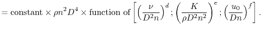 $\displaystyle = \textrm{constant}\times \rho n^2 D^4 \times\textrm{function of}...
...^d;\left(\frac{K}{\rho D^2 n^2}\right)^e;\left(\frac{u_0}{D n}\right)^f\right].$