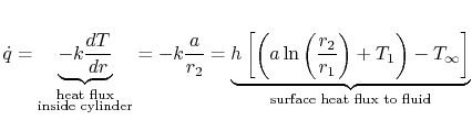 $\displaystyle \dot{q} = \underbrace{-k\frac{dT}{dr}}_{\substack{\textrm{heat fl...
...2}{r_1}\right)+T_1\right)-T_\infty\right]} _\textrm{surface heat flux to fluid}$