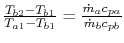 $ \frac{T_{b2} -T_{b1}}{T_{a1}-T_{b1}} =
\frac{\dot{m}_a c_{pa}}{\dot{m}_b c_{pb}}$