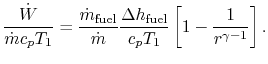 $\displaystyle \frac{\dot{W}}{\dot{m}c_pT_1}=\frac{\dot{m}_\textrm{fuel}}{\dot{m}}
\frac{\Delta h_\textrm{fuel}}{c_p T_1}\left[1-\frac{1}{r^{\gamma-1}}\right].$