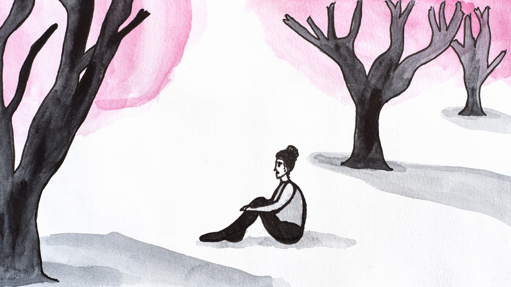 A watercolor stock image of a figure in solitude