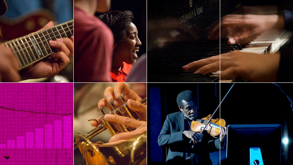 an animated gif showing multiple images of MIT musicians and instruments