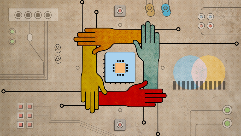 drawing of connected hands on a circuit board