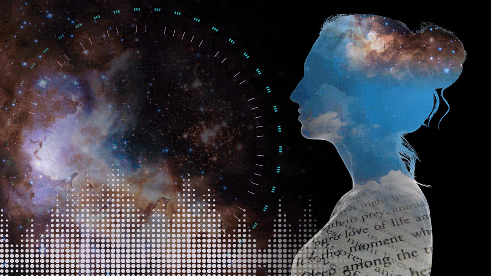 A woman's silouette filled with pages from a book, blue sky and an image of the night sky looking toward two rotating circles outlines