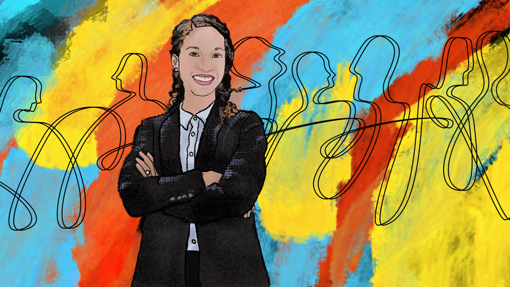 a drawing of Summer Jackson against a colorful, painted background