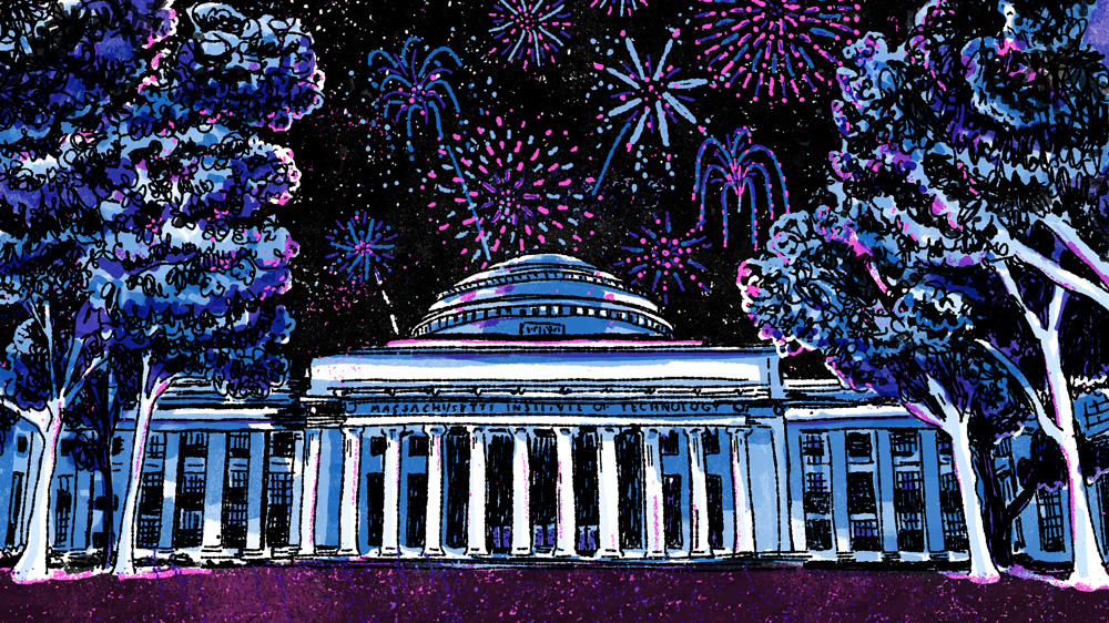 Illustration of Killian Court with fireworks in the sky, by Jose-Luis Olivares