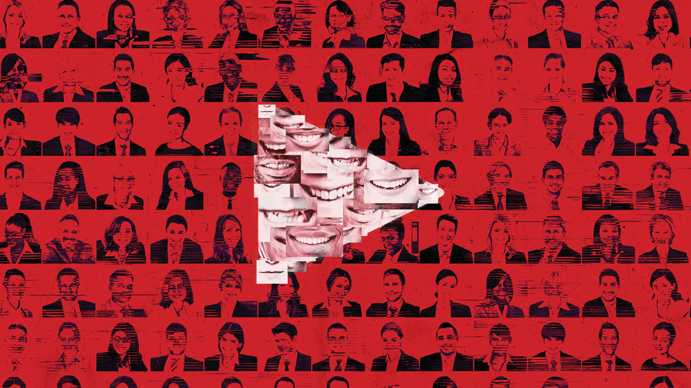 an black and red illustration showing multiple headshots of people with a play button made of many talking mouths on top of the headshots