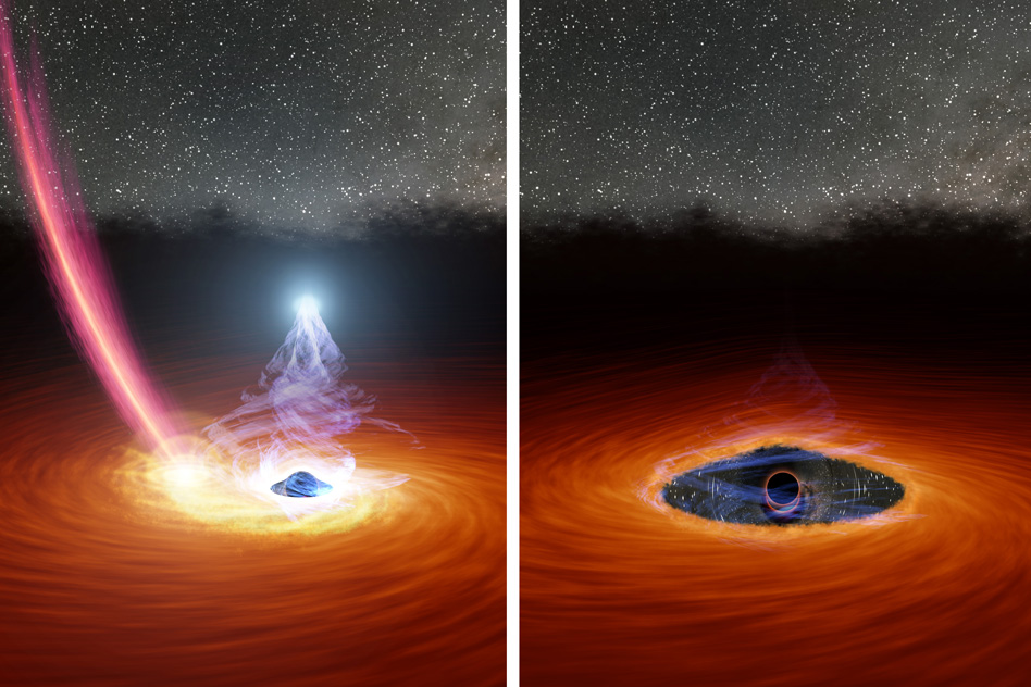 Illustrations of a blinking black hole, by NASA/JPL-Caltech