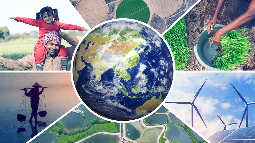 Photo-collage of earth in center with farmers, crop fields, and windmills around it