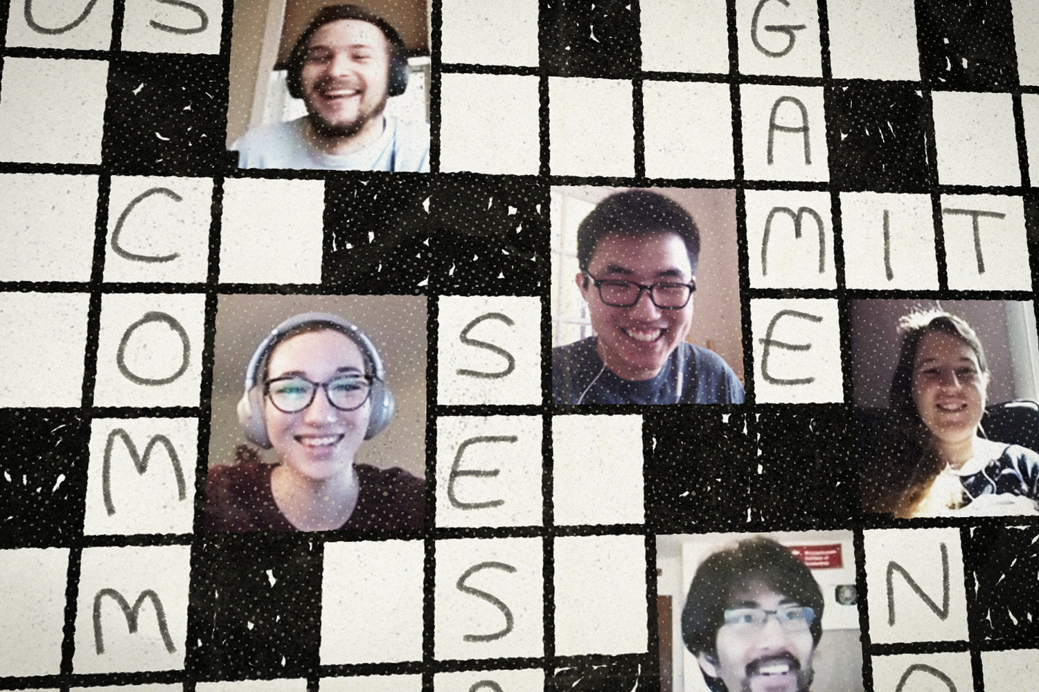 Stylized crossword puzzle with student faces in some boxes
