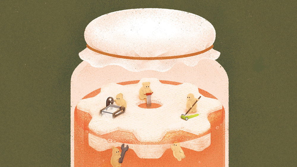 Illustration of kombucha starter with tiny workers crafting