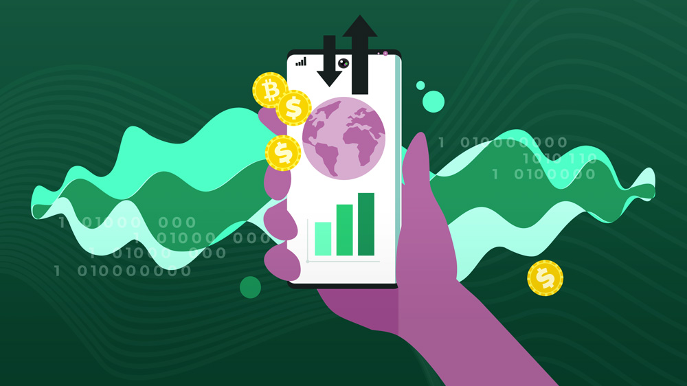 Illustration of mobile phone with money and graph symbols 
