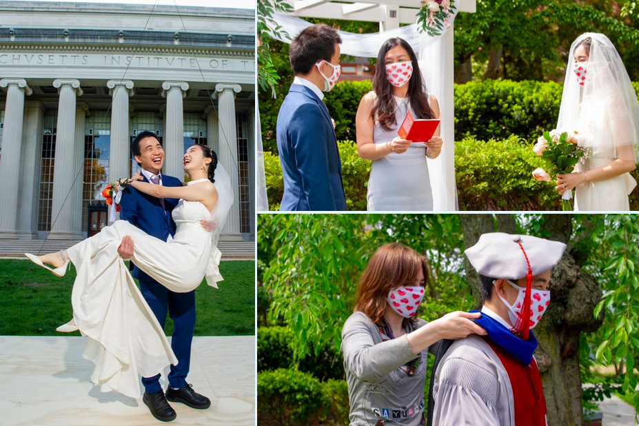 an MIT couple getting married on Killian Court and receiving a doctoral hood
