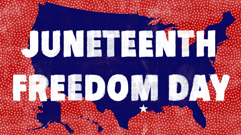 Juneteenth Freedom Day illustration, blue America, red background
