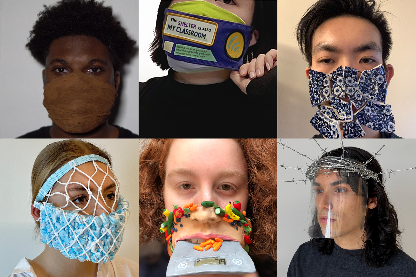 6 people wearing unique, artistic masks