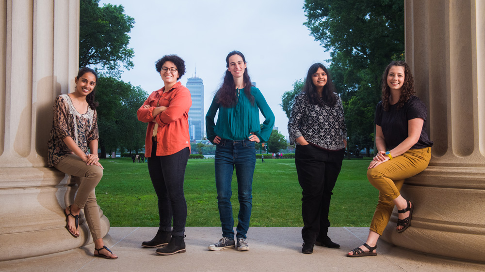 Five EAPS graduate students, Killian Court in background