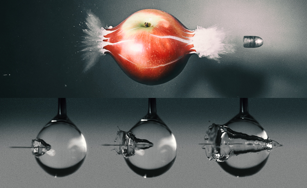 Photos of object passing through apple and water droplets
