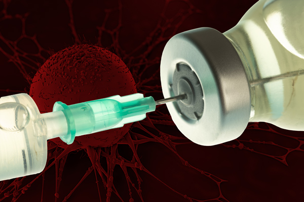 Illustration showing a syringe and vial with red blood cells in background