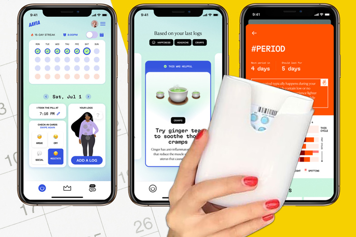 3 screenshots of Aavia and a hand holding medicine