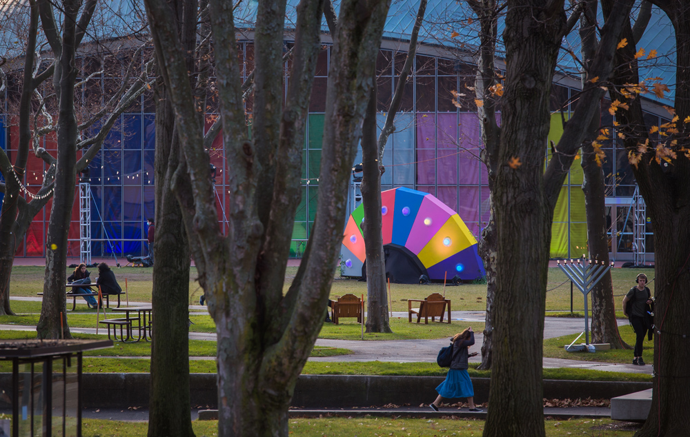 Kresge Auditorium outfitted with multicolored lights from the 2.009 presentation