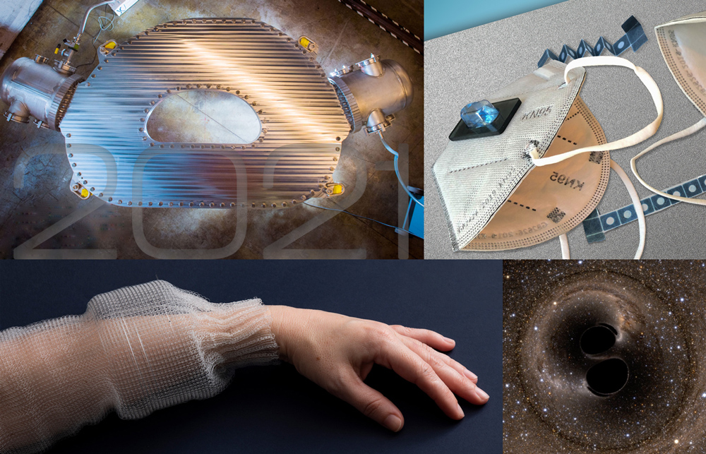 image showing a large magnet used in fusion, a hand wearing a fiber sleeve, a face mask with a sensor, and two black holes
