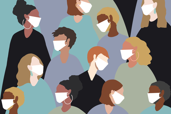 illustration of many people wearing masks