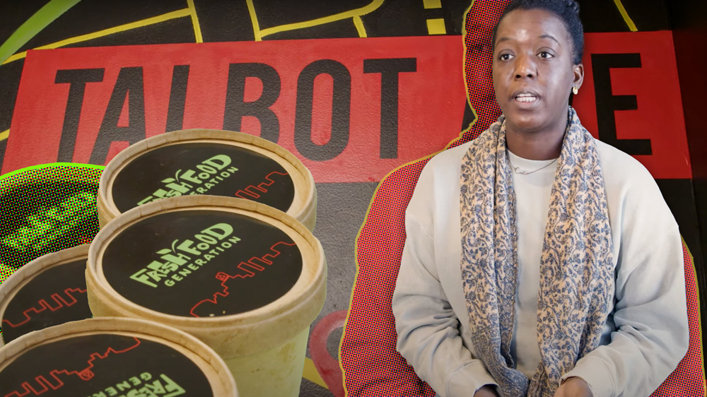 Cassandria Campbell against a red map background and containers from her restaurant