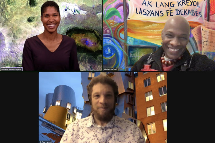 Zoom screenshot showing Prof Michel DeGraff, Prof. Danielle Wood, and Prof. D. Fox Harrell 