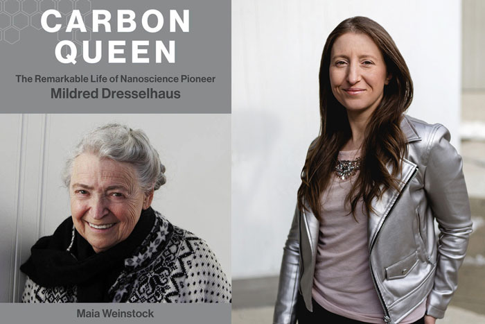 Carbon Queen book cover and photo of Maia Weinstock in silver jacket