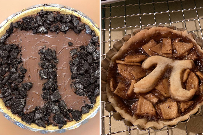 2 tasty pies, one chocolate and one apple, with the pi symbol made of crust