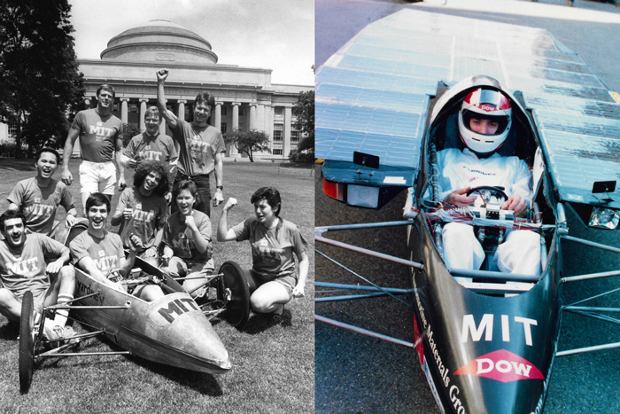 2 historical photos show a group in Killian court with solar race car, and James Worden in race car
